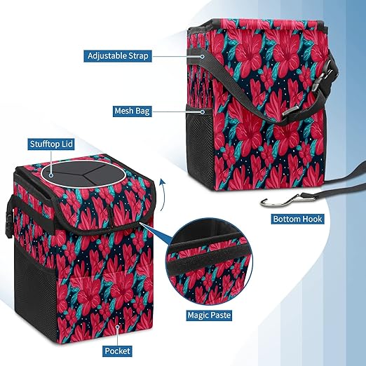 Car Trash Can With Lid - Red Flower Auto Garbage Bag, Leak-Proof Storage Bag, Hanging Headrest Bin, Collapsible and Portable With Storage Mesh Pocket