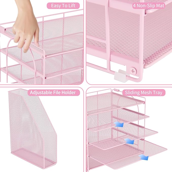 AUPSEN Pink Desk Organizers and Accessories, 5-Tier Desktop Paper File Organizer with Removable File Holder, Desk Accessories & Workspace Organization for Home Office Supplies (Pink)