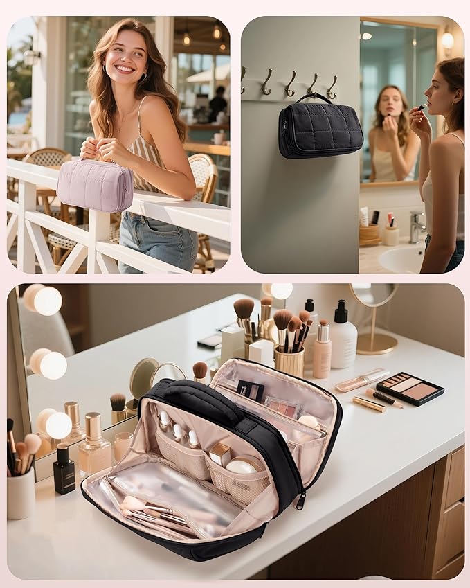 Marscamd Travel Makeup Bag for Women, Puffy Cosmetics Organizer with Waterproof Pockets, Toiletry Pouch for Makeup Brushes, Skincare & Travel Essentials, Pink (Bag Only)
