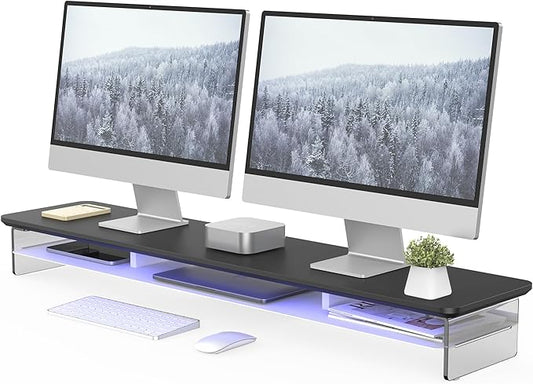 Fenge Acrylic Monitor Stand, 42.5 Inch Clear Dual Monitor Riser with Metal Storage, 2 Tier Computer Riser with LED Lights for Desk, Laptop, Printer, TV