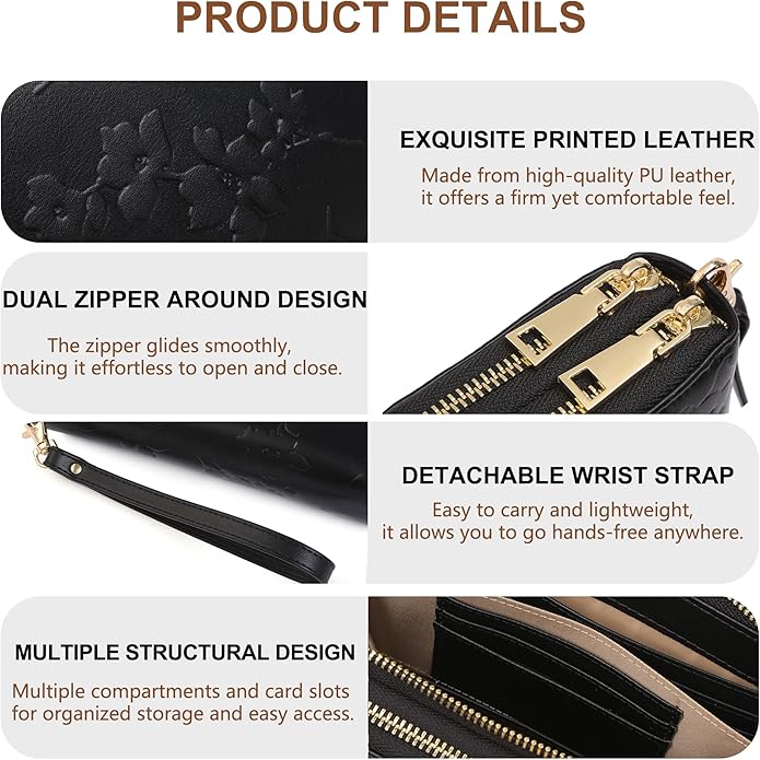 yiijay Womens Wallet RFID Blocking Large Capacity Vegan Leather Double Zip Wristlet Wallet Card Holder Travel Ladies Clutch