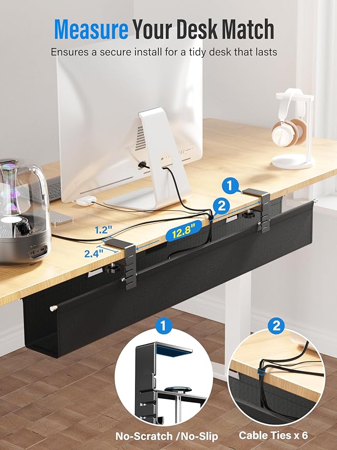 [Upgraded] Large Under Desk Cable Management Tray, Cinati Cable Management Under Desk No Drill, 28.4" Fabric Cord Hider for Wire Organizer, Cord Organizer for Office, Home - Supports Up to 30lbs Black