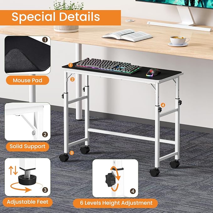 Snughome Mobile Keyboard Tray with Mouse Pad, Height Adjustment 21.6"-31.1", Keyboard Standing Desk, Rolling Under-Desk Extender with Lockable Casters, Desk Accessories for Home Office, White