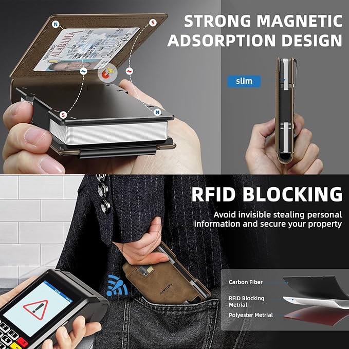 Men Wallet - Money Clip Wallet Slim For Gift Men in Front Pocket 15 Cards - Metal Credit Card Case in Magnetic Flip
