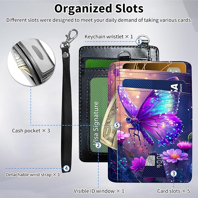 Slim Minimalist Front Pocket Wallet,Credit Card Holder Wallet for Women Men,RFID Blocking Credit Card Holder Case Leather Cute Small Thin Wallet ID Window&Wrist Strap,Purple Glitter Butterfly