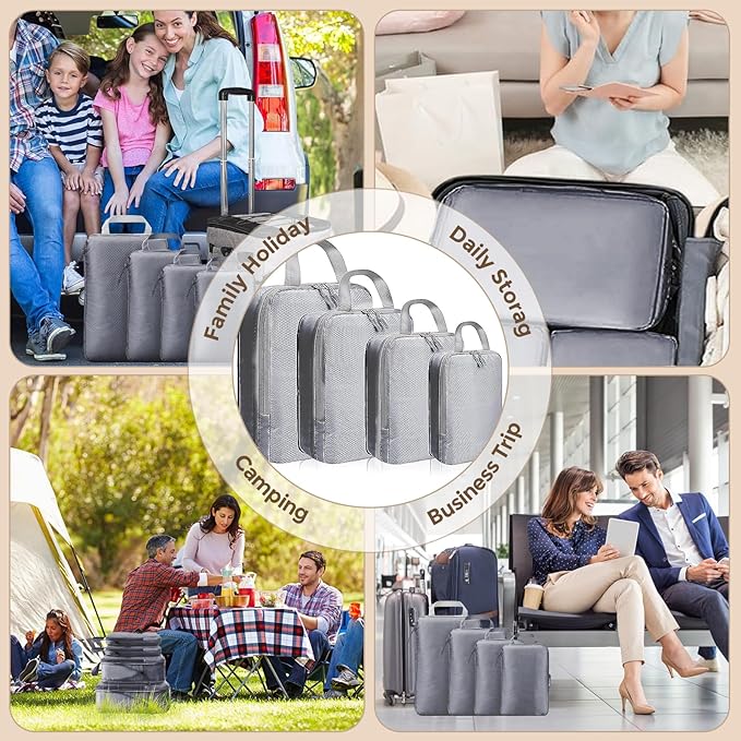 4 Set Compression Packing Cubes for Suitcase - Space-Saving Luggage Organizer Bags, Lightweight Travel Essentials for Efficient Packing (Grey)