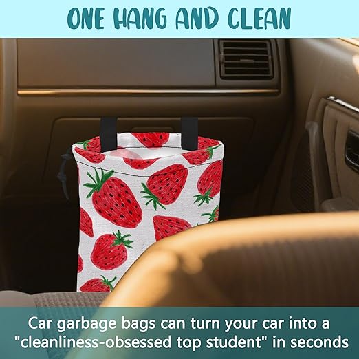 Car Garbage Bag Red Sweet Strawberry Drawstring Car Trash Bag Hanging for Back Seat with Adjustable Buckle Canvas Vehicle Trash Can Easy-to-Install
