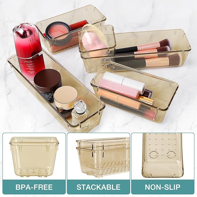 25 PCS Drawer Organizer Set, 5 Varied Size Bathroom and kitchen Drawer cabinet organizer Trays, Clear Storage Bins for Makeup, Jewelry, Utensils and Gadgets, Champagne