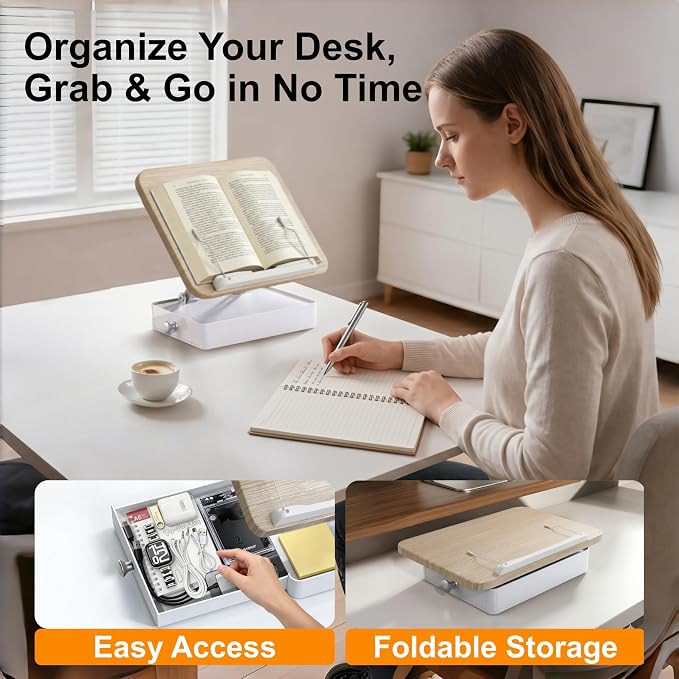 Book Stand with Storage Drawer, Heavy-Duty Adjustable Wooden Reading Stand for Desk, Ergonomic Height & Angle Book Holder for Textbooks, Cookbooks (White Ash Finish, 10.5" x 15.5" XL Panel)