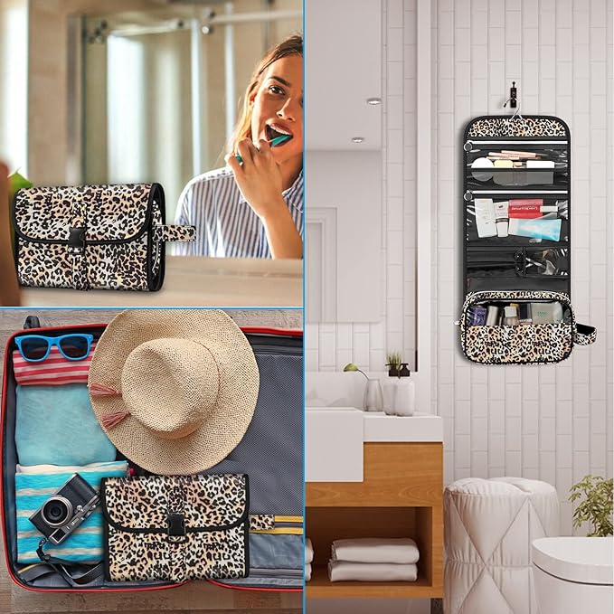 Fintie Portable Toiletry Cosmetic Travel Bag, Large Water Resistant Hanging Makeup Organizer Storage Pouch Case for Women Girls (Leopard)
