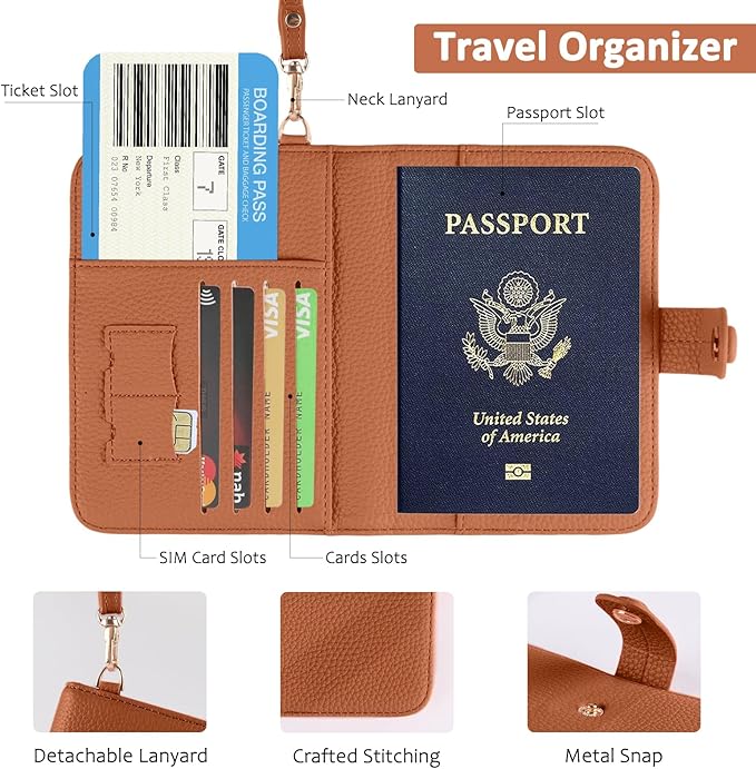 Boutilon Leather Passport Holder Covers Case with Neck Lanyard and Luggage Tag Waterproof RFID Blocking Travel Wallet Solid Color Passport Organization for Women and Men (Caramel Brown)