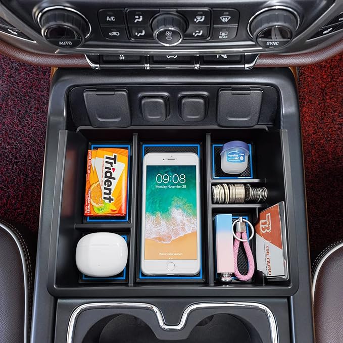 TACOBRO Full Center Console Organizer Compatible with 2014-2018 Sierra 1500 /Silverado 1500 Accessories 2015-2019 Silverado/Sierra 2500 3500HD Compartment Cover Insert Tray Storage, Blue