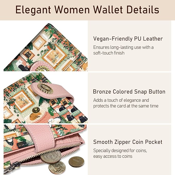 Kelvoris Cute Lovely Black Cats Small Rfid Women Wallet Bifold Zipper Coin Pocket PU Leather Compact Cash Travel Credit Card Holder for Female Ladies Teen Girls 1 ID Window 10 Card Slots