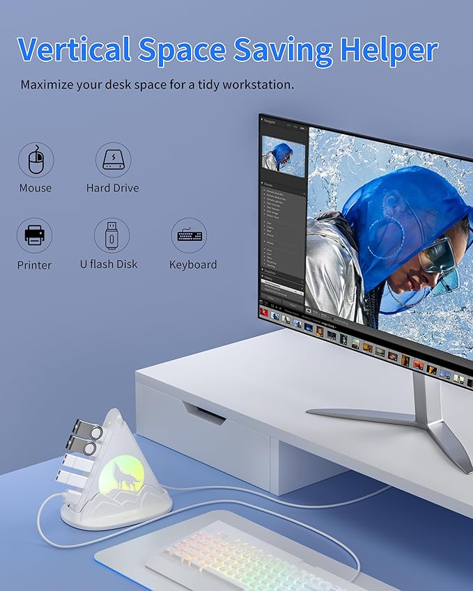 USB Hub 3.0, 7-Port USB Hub with RGB Night Light and Base, Vertical USB a Splitter for Desktop,Laptop, MacBook, Game Console, Flash Drive, XPS, PC, Printer, Camera, Keyboard（White+Base）