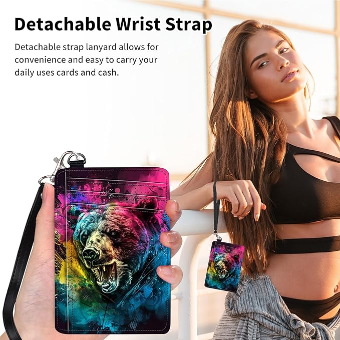 Slim Minimalist Front Pocket Wallet,Credit Card Holder Wallet for Women Men,RFID Blocking Credit Card Holder Case Leather Cute Small Thin Wallet ID Window&Wrist Strap,Colorful Bear