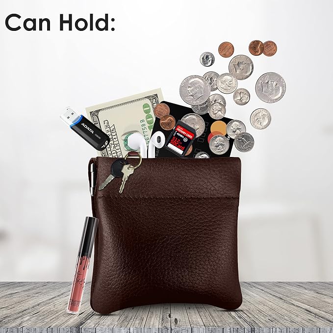 Nabob Leather Genuine Leather Squeeze Coin Purse, Coin Pouch Made IN U.S.A. Change Holder For Men/Woman Size 3.5 X 3.5 (Chestnut)