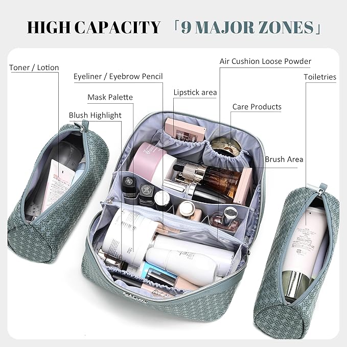 BOYATU Travel Makeup Bag for Women: Four Leaf Clover Large Capacity 3 Pcs Set Cosmetic Bags - Waterproof 50% Extra Space for Toiletry Organizer - Travel Essentials for Fortunate (04 Light Blue)