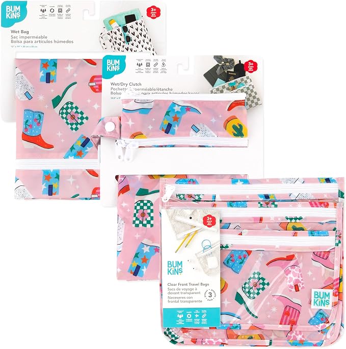 Bumkins - Waterproof Wet Bag, Wet/Dry Clutch & Clear Travel Bags - For Beach, Baby, Travel, Cloth Diapers, Pump Parts, Pool, Gym, Toiletries - Reusable & Easy to Clean - Cowgirl Boots - 5 Pack