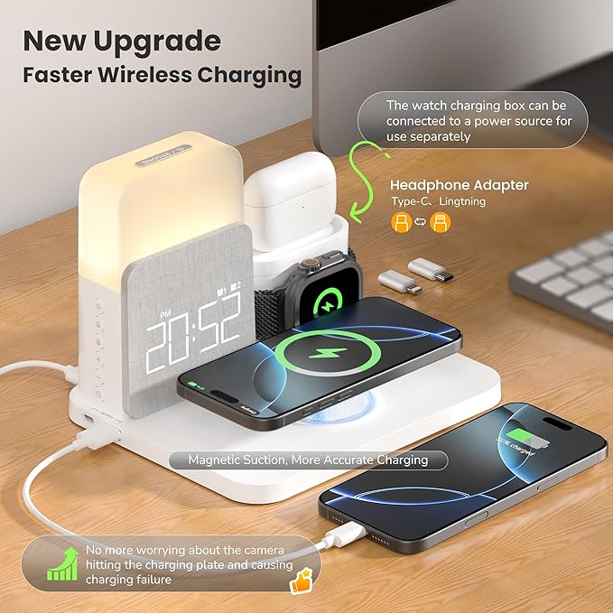 Alarm Clock Charging Station for Bedrooms, 7 in 1 Wireless Charging Station, Magnetic Charger with Night Light Bedside Clock for iPhone 17 16 15 14 13 12 Pro Max, Apple Watch, AirPods (White)