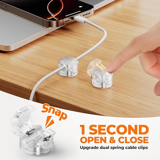 6 Pack Locking Spring Cable Clips, Rotatable Cord Organizer with Secure Lock Design, Adhesive Cord Holder for Desk Home Office Car Wall Charger Cable Management, Clear