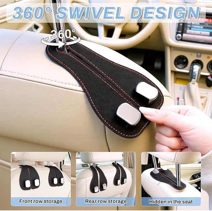 SINGARO 2PCS Car Purse Holder Hook, Seat Back Storage Hook, Leather-Wrapped Alloy Double Headrest Hook for Purses & Bags, Cute Car Interior Accessories for Women and Men, Black