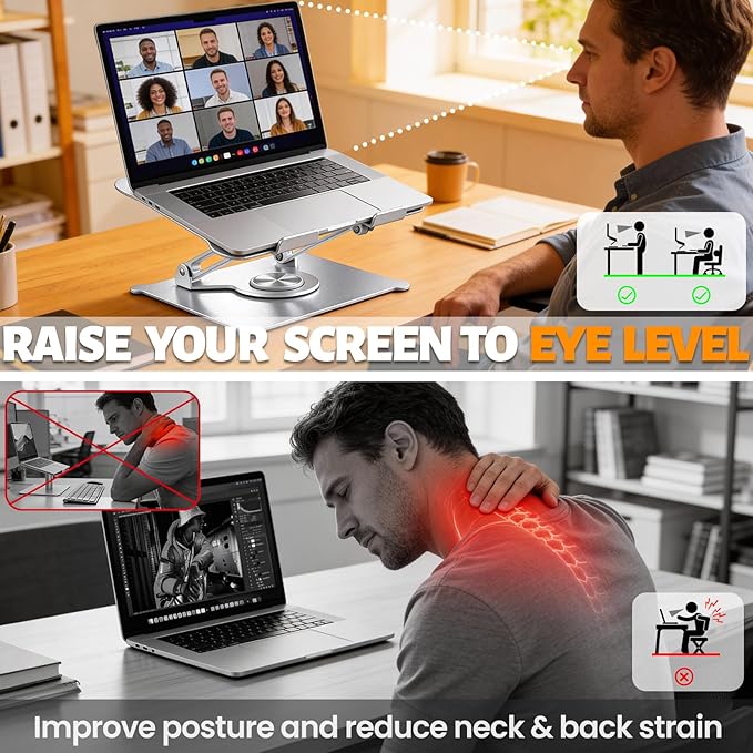 Urmust Adjustable Laptop Stand for Desk, 360 Rotating Base, Ergonomic Computer Stand, Compatible with MacBook Air Pro, Dell, HP, for Office Home
