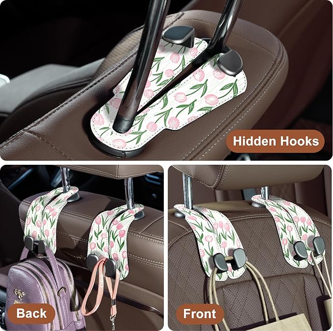 CoBak Purse Hook for Car - Universal Premium Stitched Leather and Aluminum-Magnesium Alloy Double Car Seat Back Storage Hook for Purses, Handbags, Bags (2 Pack),Tulip