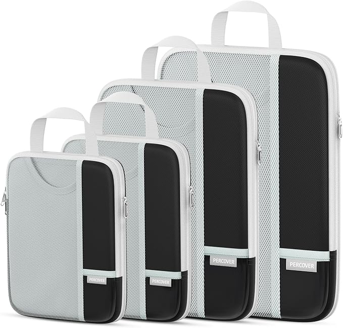 Percover Compression Packing Cubes 4-Piece Set, Packing Cubes Compression for Travel with Label Pockets, Travel Organizer for Carry On & Checked Luggage, Black