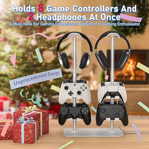 MANMUVIMO Headset Controller Stand for 2 Headset and 8 Controller, Headphone Stand Gaming Controller Holder for PS5 Xbox Airpods Beats Bose, Gaming Room Accessories, Gamer Gifts for Men (White)