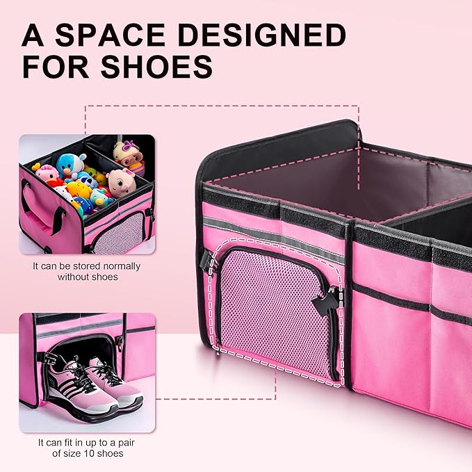 SugarFox Bold Color Block Trunk Organizer | 95L, 35"x13.8"x11.8" | Dedicated Shoe Storage & 26L Ice Pack | Foldable for SUV/Car/Jeep | Stylish Gift & Car Accessories for Men & Women - Pink-X212