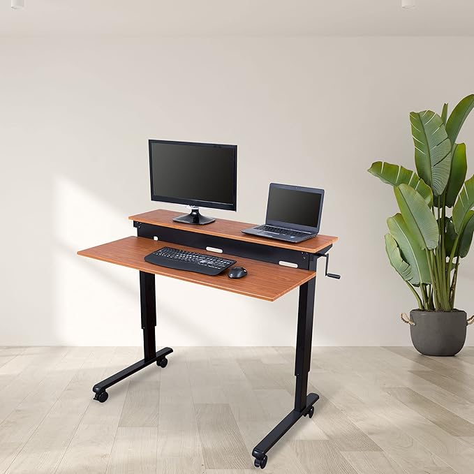 Stand Up Desk Store Crank Adjustable Two Tier Standing Desk with Heavy Duty Steel Frame (Black Frame/Teak Top, 48" Wide)