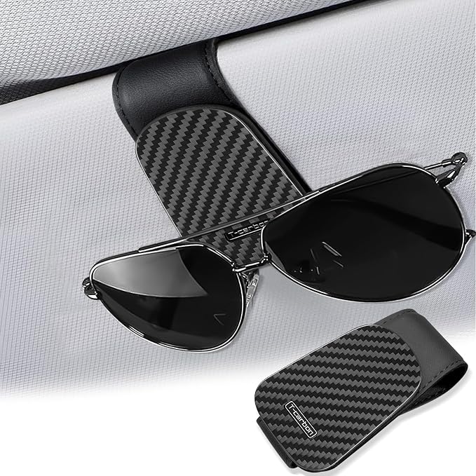 T-carbon Sunglass Holder for Car Sun Visor,Magnetic Leather Sunglasses Hanger,Carbon Fiber Sunglasses Holder and Ticket Card Clip, Car Visor Accessories,Matte Black