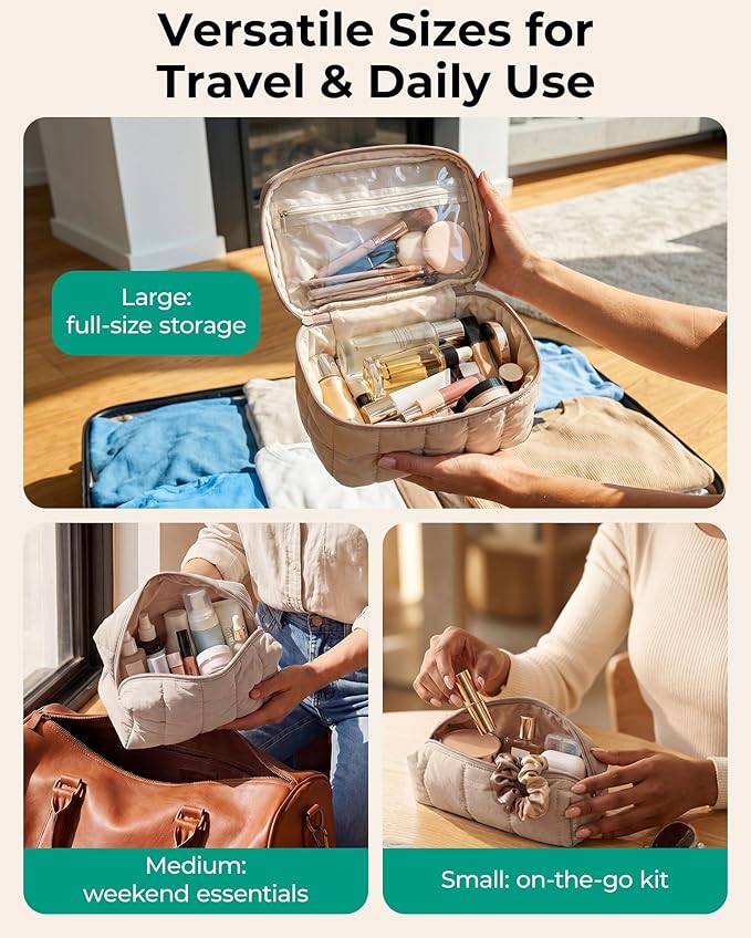 BAGSMART Travel Makeup Bag for Women, 3 Pcs Puffy Padded Cosmetic Organizer Bag, Large Toiletry Case and Small Purse Pouch for Gym, Work, Girls (Black)