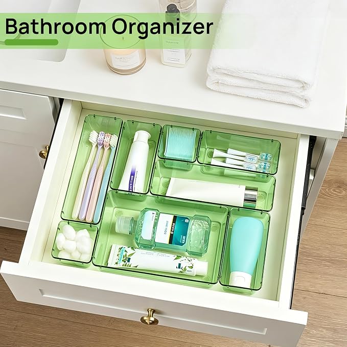Vtopmart 25 PCS Clear Plastic Drawer Organizers Set, 4-Size Versatile Bathroom and Vanity Drawer Organizer Trays, Storage Bins for Makeup, Bedroom, Kitchen Gadgets Utensils and Office