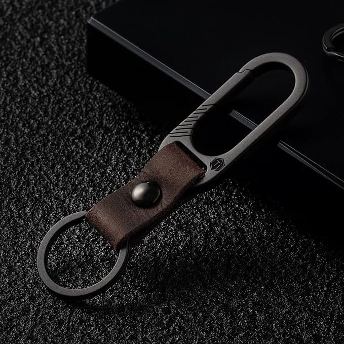 KeyUnity KM02 Titanium Belt Clip Carabiner Leather Keychain Holder with Removable Stainless Steel Key Ring