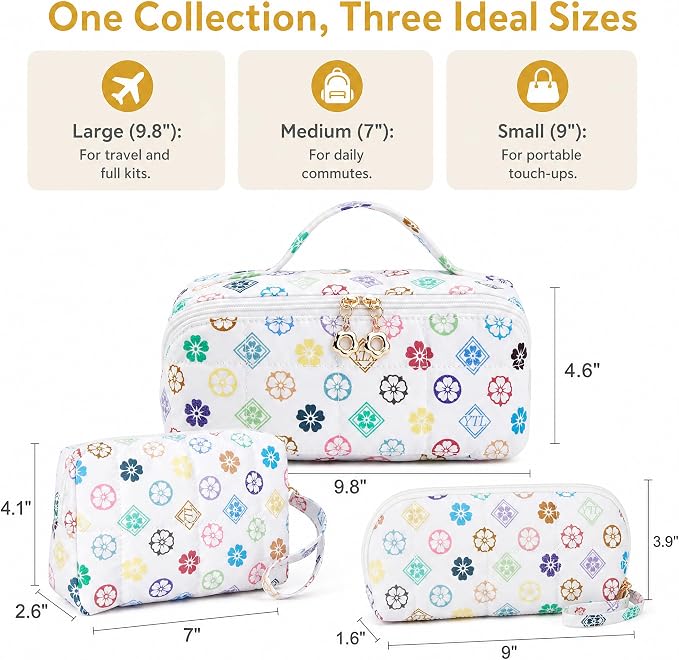 YTL Travel Makeup Bag, Puffer Cosmetic Bag for Women, Waterproof Puffy Padded Make Up Bags, Flat Open Portable Organizer Case Toiletry Bag Pouch Purse for Skincare, Brushes & Travel Essentials