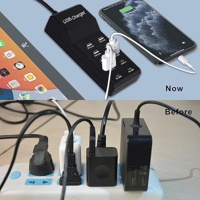 100W USB Charging Station, 10-Port (6 USB-A & 2 USB-C, 2 PD20W) Compatible with iPhone 11-15, Tablets - Black