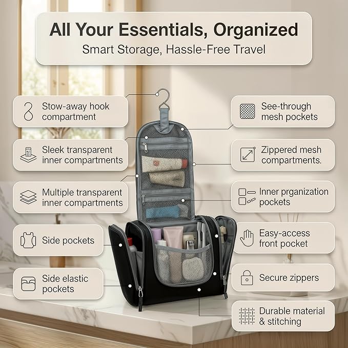 Bago Travel Toiletry Bag for Women and Men X-Large Waterproof Hanging Large Toiletry Bag for Bathroom and Travel Bag for Toiletries Organizer -Travel Makeup Bag (Black)