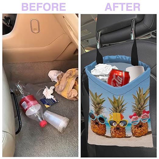 Car Trash Bag Hanging Funny Pineapple on The Beach Car Trash Can for Back Seat Waterproof Car Garbage Can with Adjustable Straps and Drawstring for Car Accessories Vehicle Travelling Camping
