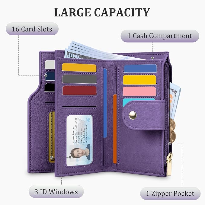 Airkit Small Women's Bifold Wallet, RFID Blocking Credit Card Holder with Zipper, Travel Cute Coin Pocket Wallet for Ladies, Lavender Purple