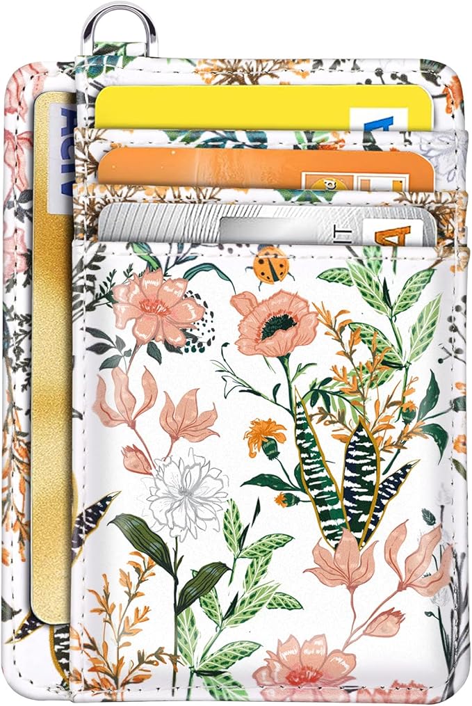 Coco Rossi Slim Front Pocket Wallet RFID ID Card Holder Cute Small Wallet with Keychian for Women,White Flowers
