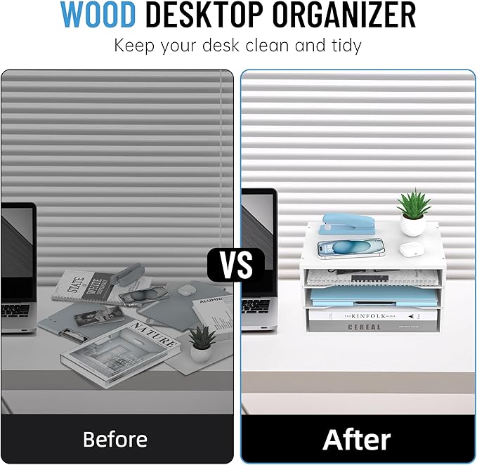 Wood Desk Organizer, 3 Tier Paper Tray Organizer for Desk with Adjustable Storage Shelves, Desktop File Organization Paper Sorter Mail Holder for Office Home Classroom, White