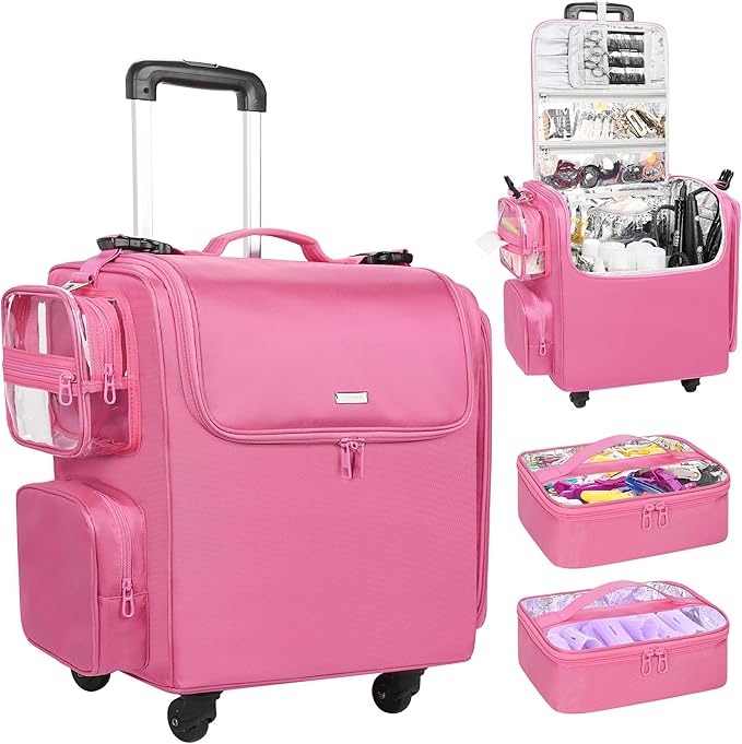 Relavel Rolling Makeup Train Case, Hairstylist Traveling Bag with 4 Wheels, Heat Insulation Full Layer, Adjustable Dividers, Hair Tools and Cosmetics Storage Organizer Trolley Suitcase, Rose Pink