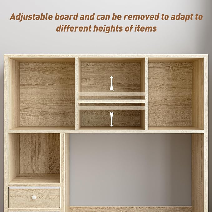 REIBII Desktop Bookshelf, High-Capacity Desk Hutch Organizer with 7 Shelves and 2 Drawers, Adjustable Bookshelf Storage, Desk Shelf for Top of Desk, Desk Hutch Dorm, Natural