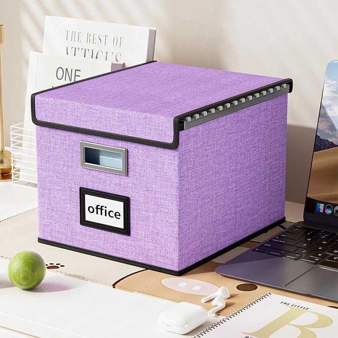 File Organizer Box with Lid, Collapsible File Folder Organizer for Office Document Storage, Filing Box with Plastic Slide for Letter Size Hanging File Folders(1 Pack, Lavender)