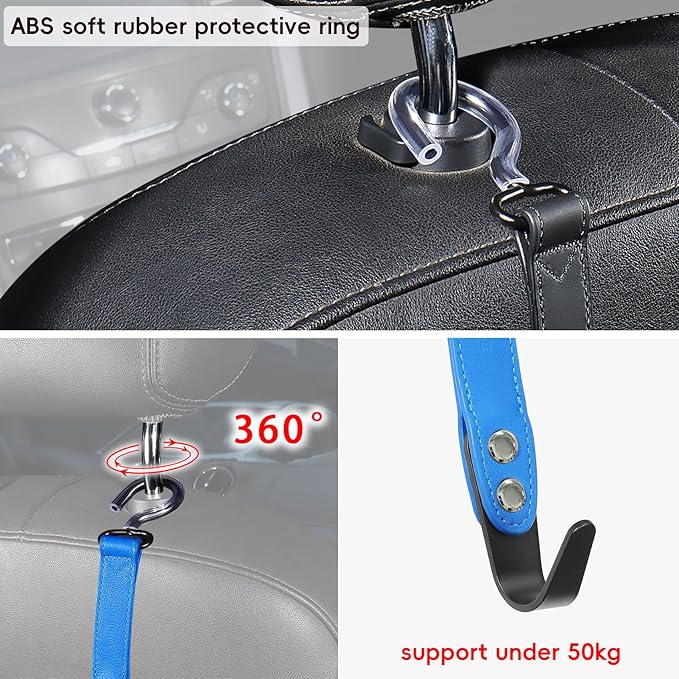 2 Pack Car Hook Holder Leather Headrest Hooks for Purses and Bags,SUS304 Car Hook(Blue)