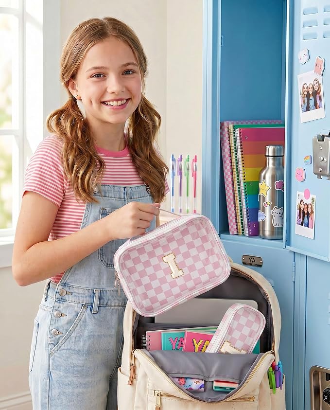 LETGO Gifts for Girls Kids - Teen Girl Teenage Gifts Idea,7 8 9 10 11 12 13 14 15 16 Year Old Girl Birthday Gifts,Sweet Girls Gift,Personalized Gifts for Girls,Initial Makeup Bag (I,Pink&Beige)
