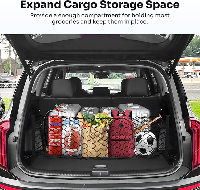 Canvcle Trunk Cargo Net for 2020-2026 Kia Telluride Accessories Envelope Style Mesh Trunk Net Organizer and Storage Stretchable Adjustable Elastic Nylon Rear Cargo Netting with Hooks