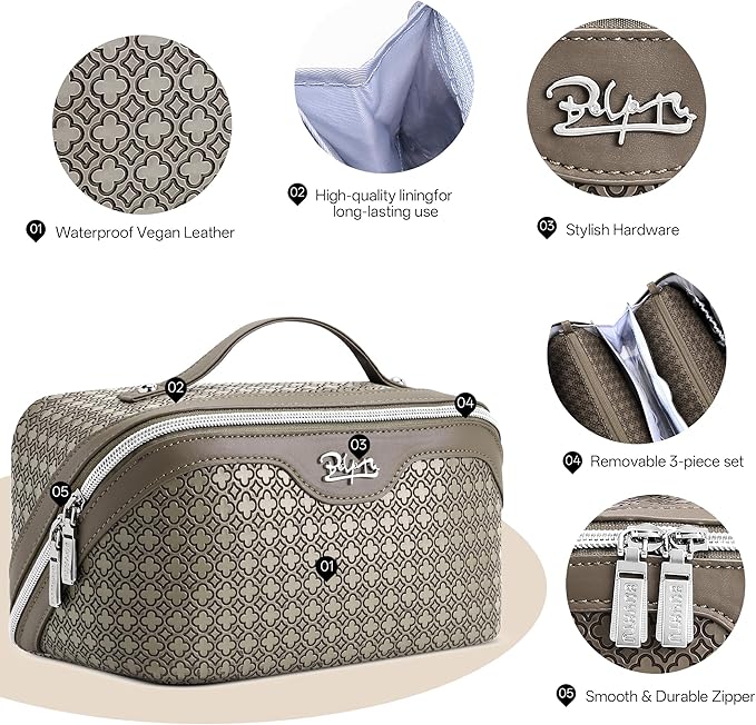 BOYATU Travel Makeup Bag for Women: Four Leaf Clover Large Capacity 3 Pcs Set Cosmetic Bags - Waterproof 50% Extra Space for Toiletry Organizer - Travel Essentials for Fortunate (07 Khaki)
