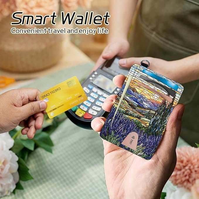 Small Travel Wallets, Stained Glass Lavender Slim Minimalist Front Pocket Wallet with Wristlet, RFID Blocking PU Leather Credit Card Holder with ID Window Change Purse for Men Women